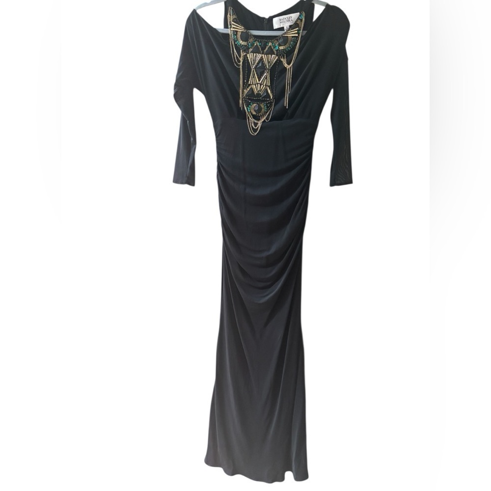 BADGLEY MISCHKA BLACK COLD SHOULDER FORMAL RETRO HOLIDAY MAXI DRESS GOWN SZ 4 - Picture 2 of 7